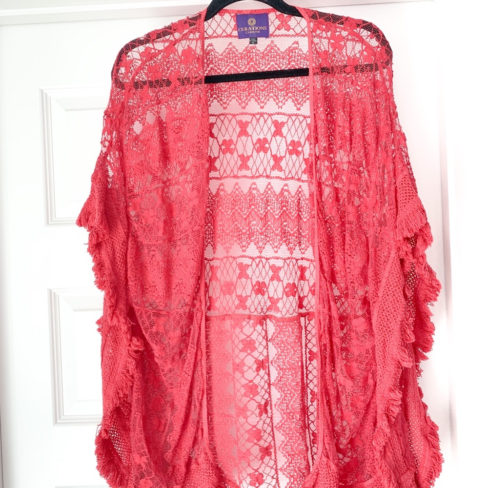Curations Swim Hot Pink Tassel Lace Cover Up Kimono XL